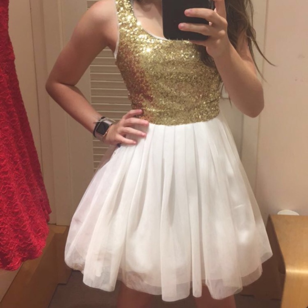 white and gold sparkly homecoming dress